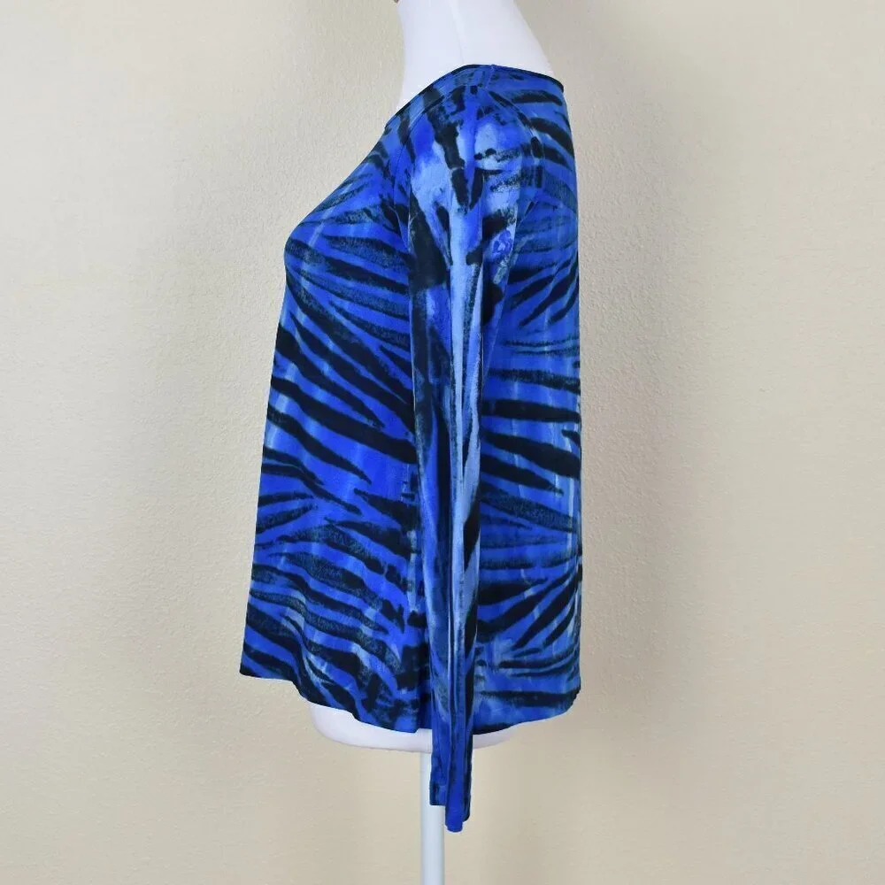 Annie Turbin Blue Tiger Stripe Tie Dye Boatneck Long Sleeve Top 1/S - Picture 3 of 7